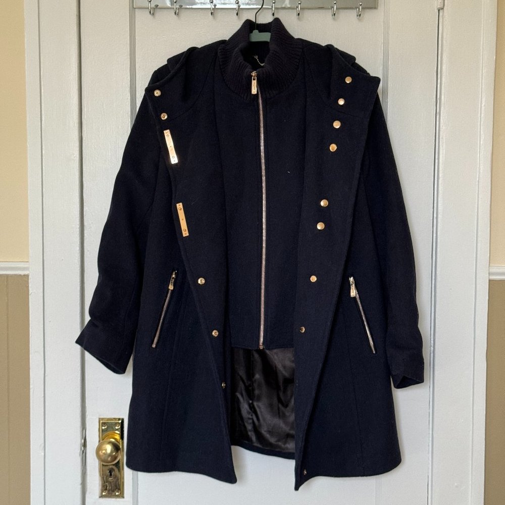 CALVIN KLEIN Hooded Wool Blend Navy Coat XL